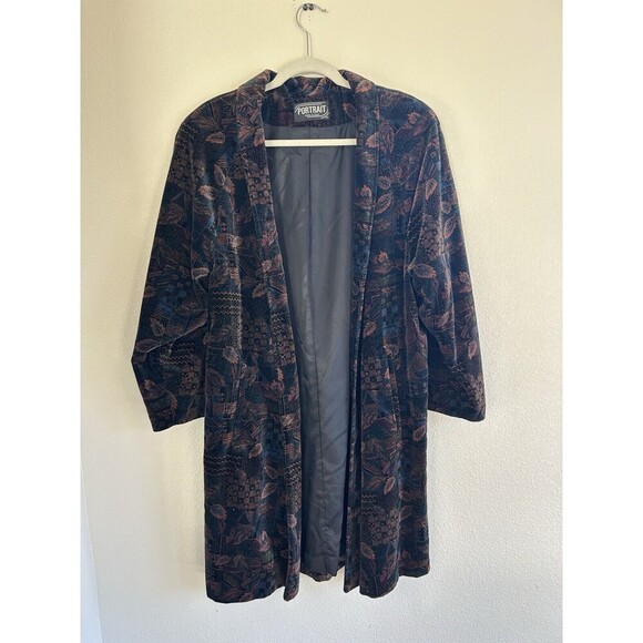 VTG 1990’s PORTRAIT J.L. DE BALL VELVET WOMEN GEOMETRIC MIDI COAT JACKET L - Picture 1 of 6